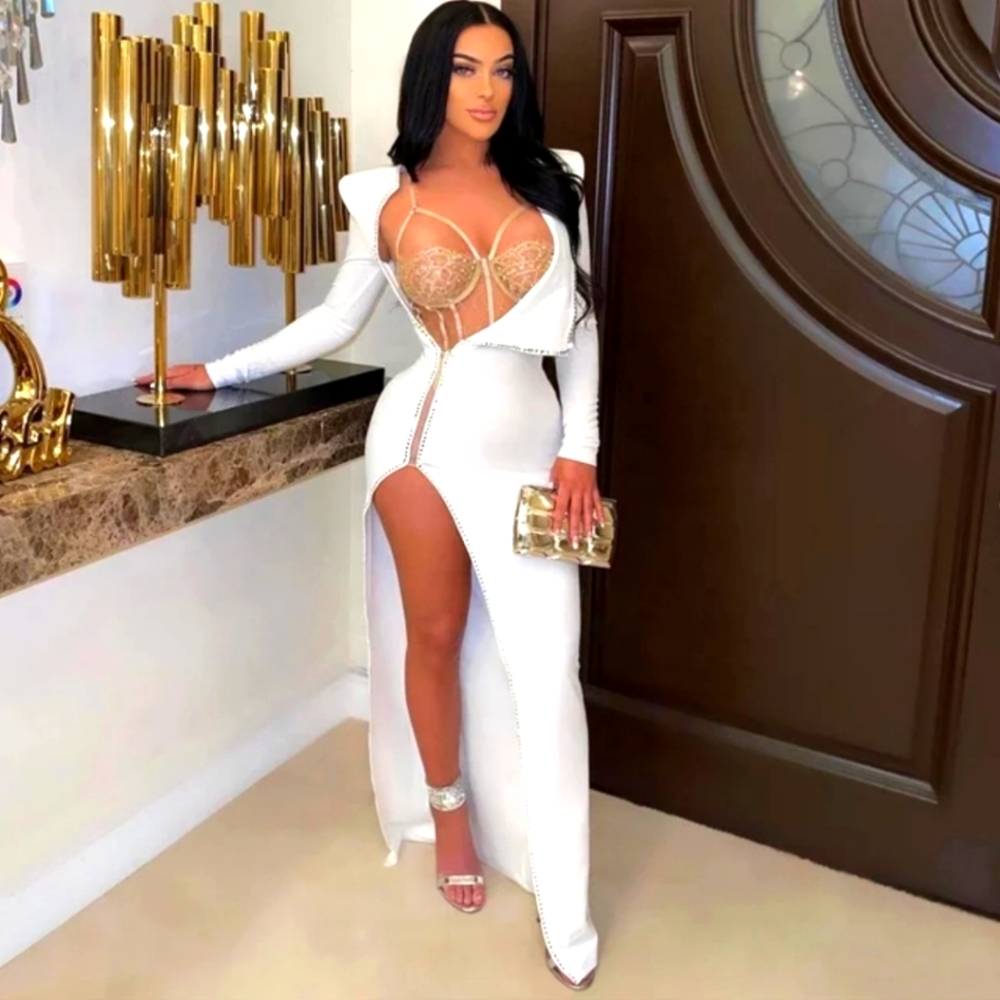 Brand New white bodycon dress with high slit.